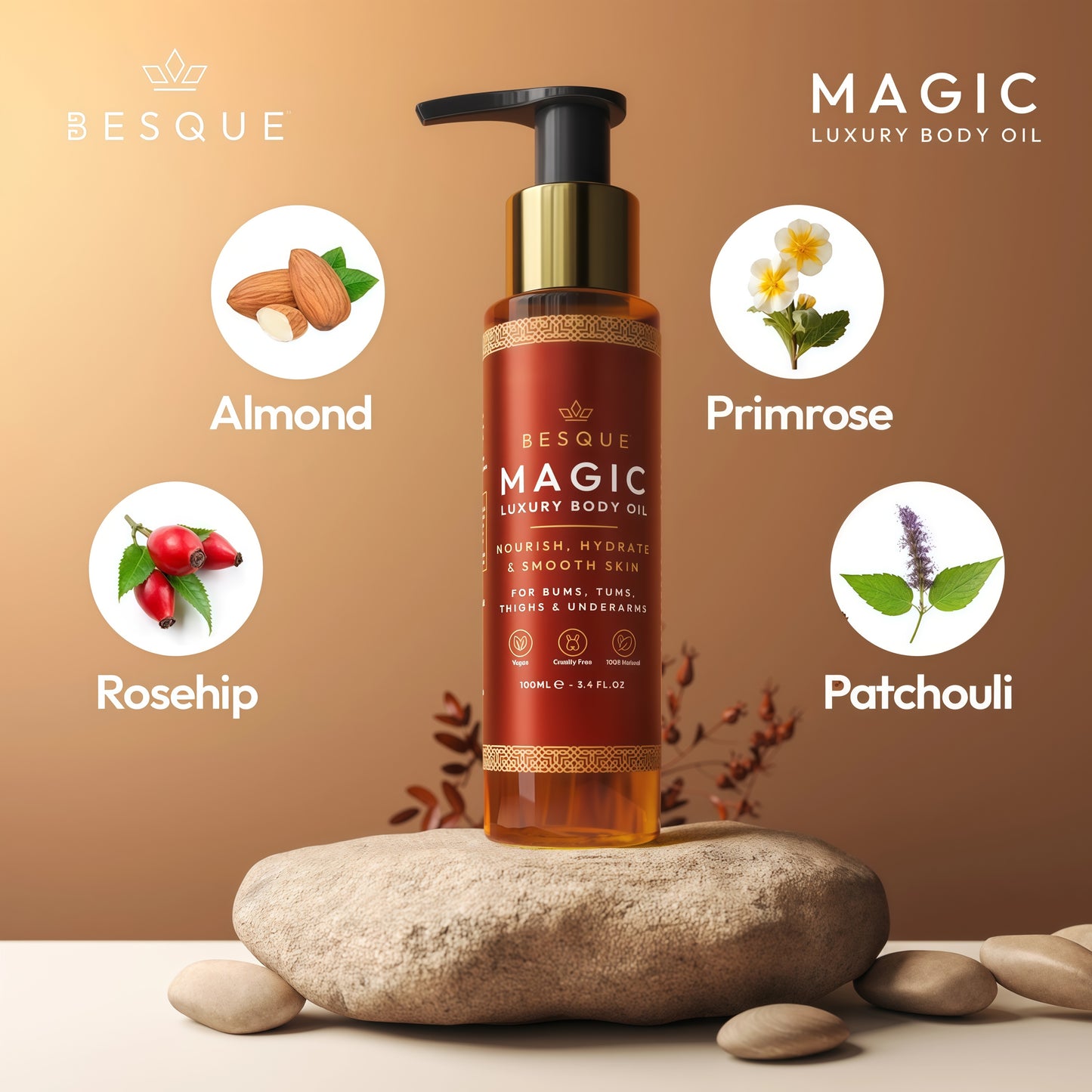 Besque Original Magic Body Oil, 3.4oz, After Shower Body Oil For Women, Hydrating Skin Care For Full Body That Plumps, Tightens, & Firms Skin With Natural Ingredients, Made In UK - Pack of 1