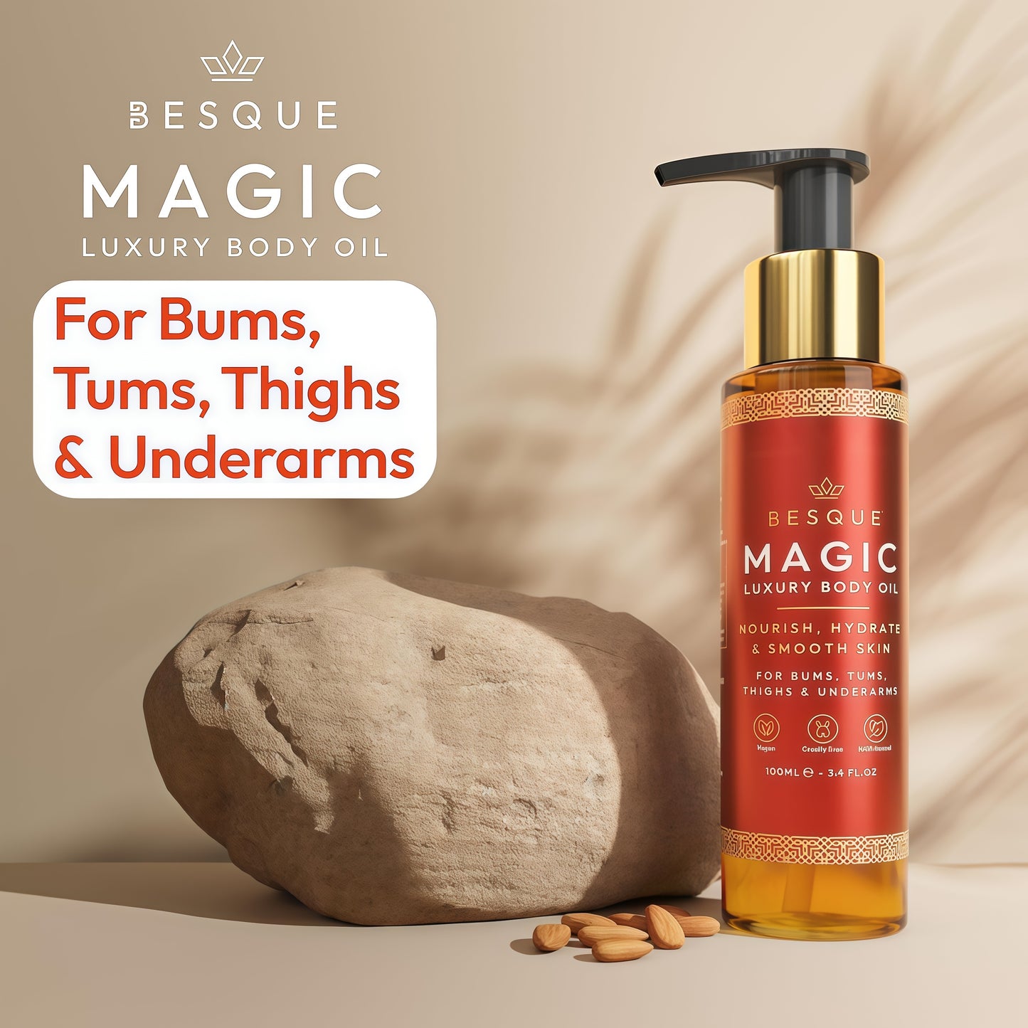 Besque Original Magic Body Oil, 3.4oz, After Shower Body Oil For Women, Hydrating Skin Care For Full Body That Plumps, Tightens, & Firms Skin With Natural Ingredients, Made In UK - Pack of 1